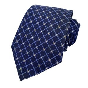 Tasso Elba Mens Tie Blue White & Tan Geometric Foulard Design Repp Silk Weave
